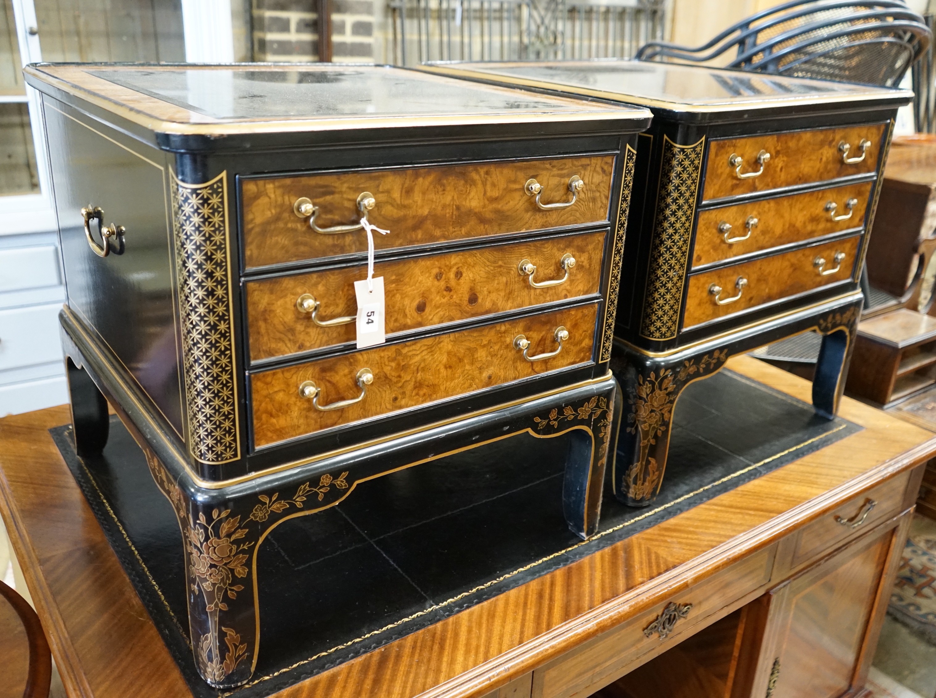 A pair of Drexel chinoiserie decorated, ebonised and pollard oak three drawer tables with glass tops, length 60cm, depth 66cm, height 62cm